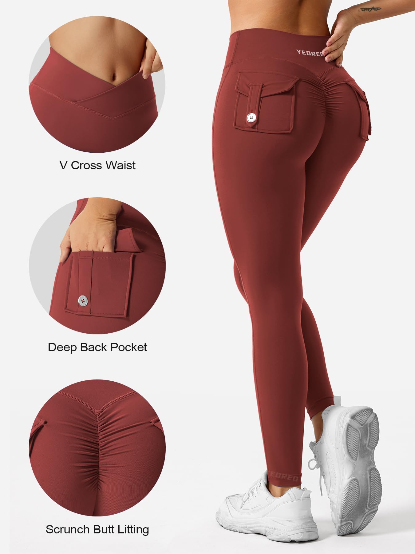 YEOREO Sport Leggings with Pockets for Women V Waist Gym Leggings Butt Lifting Workout Cargo Yoga Fitness Leggings