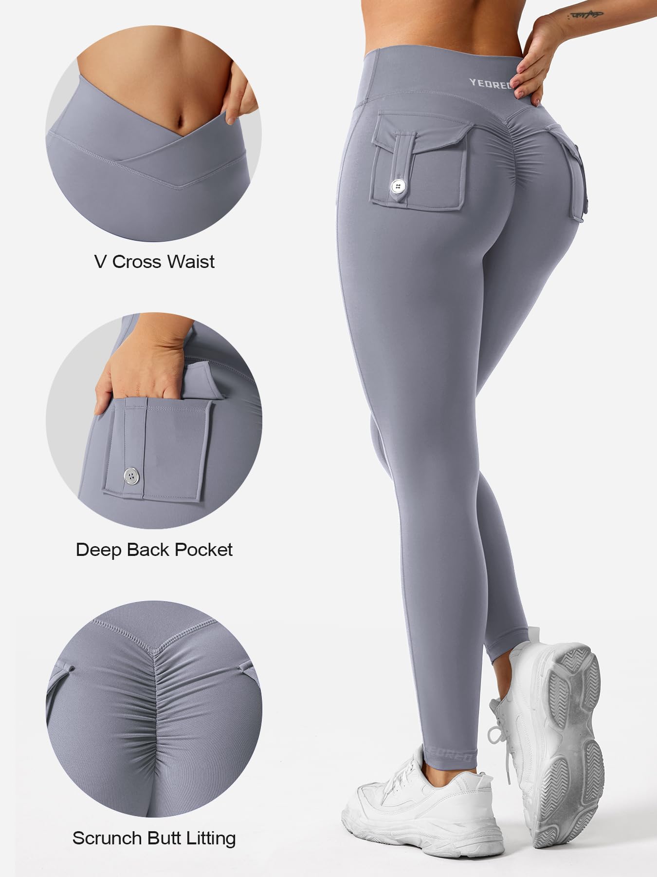 YEOREO Sport Leggings with Pockets for Women V Waist Gym Leggings Butt Lifting Workout Cargo Yoga Fitness Leggings