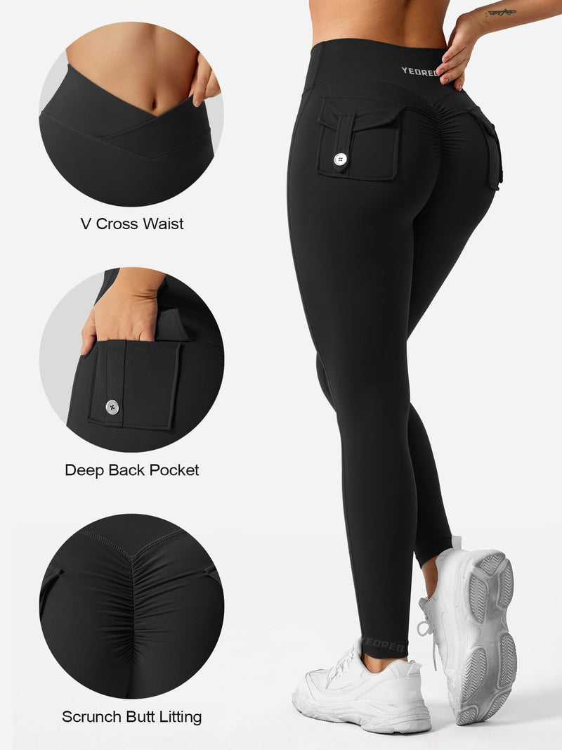 YEOREO Sport Leggings with Pockets for Women V Waist Gym Leggings Butt Lifting Workout Cargo Yoga Fitness Leggings