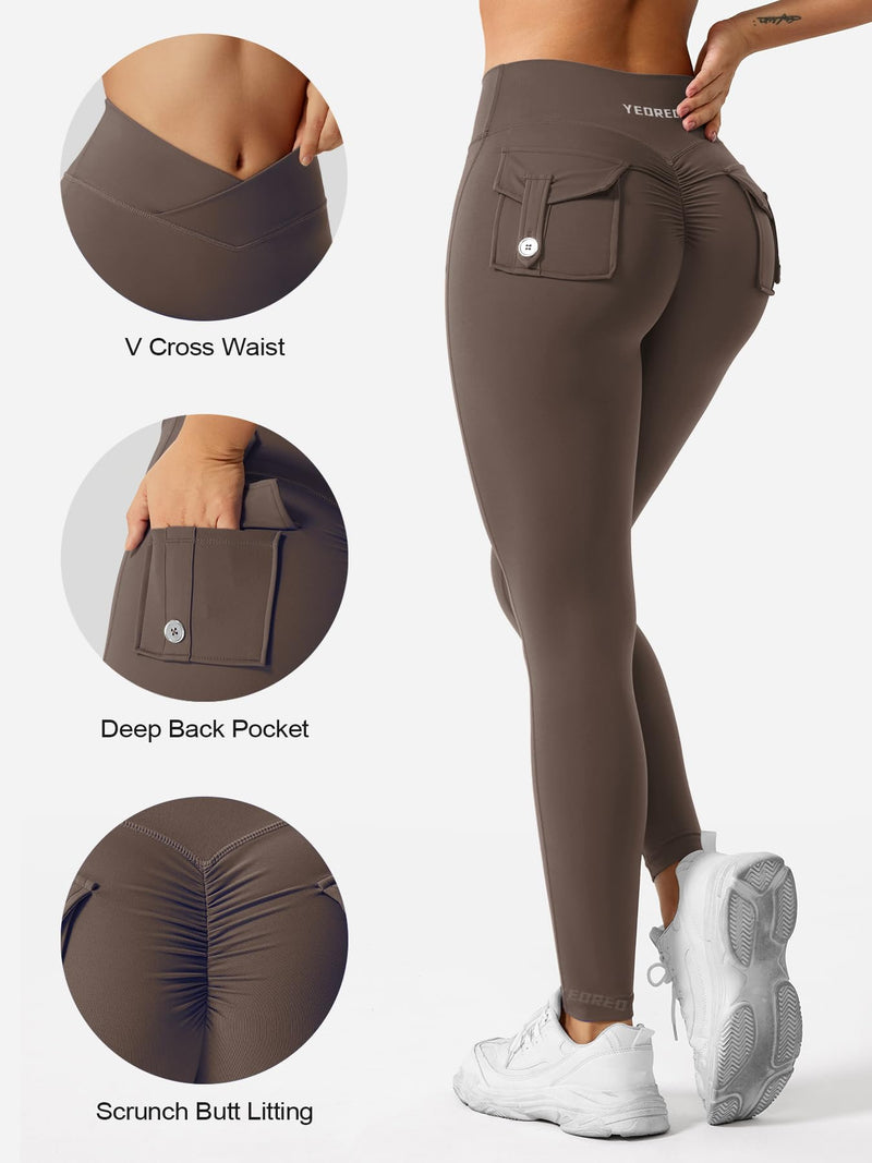 YEOREO Sport Leggings with Pockets for Women V Waist Gym Leggings Butt Lifting Workout Cargo Yoga Fitness Leggings
