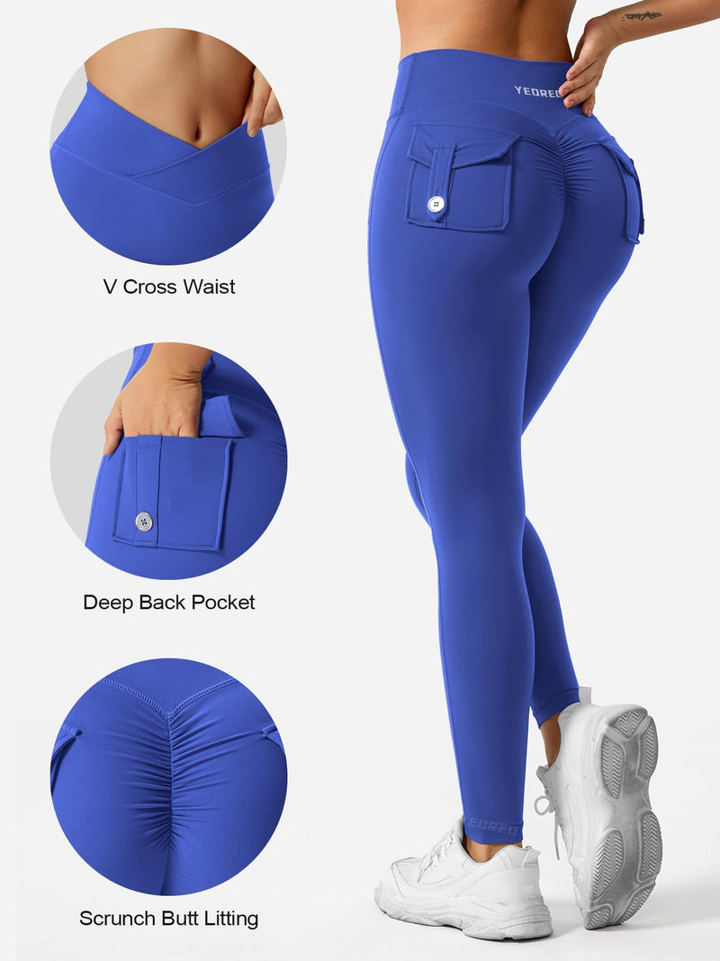 YEOREO Sport Leggings with Pockets for Women V Waist Gym Leggings Butt Lifting Workout Cargo Yoga Fitness Leggings